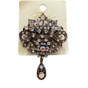 And Lovely Antique Gold Tone Aurora Borealis Filigree Dangle Brooch Pin NWT